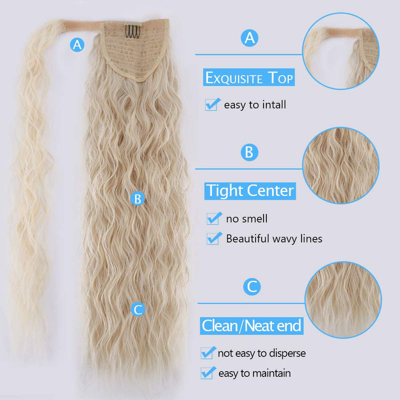 Bleach Blonde 22" Long Water Wave Ponytail Wrap Around Extension Heat Resistant Synthetic Fiber #613 Blonde Soft & Natural Easy to Wear