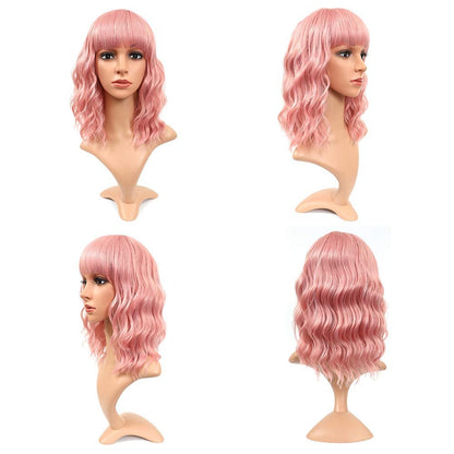 Realistic Rooted Pink Natural Waves 12" Wig with Frings / Bangs Heat Safe  | Trendy Wigs | Synthetic Top Quality | Human Hair Look / Feel