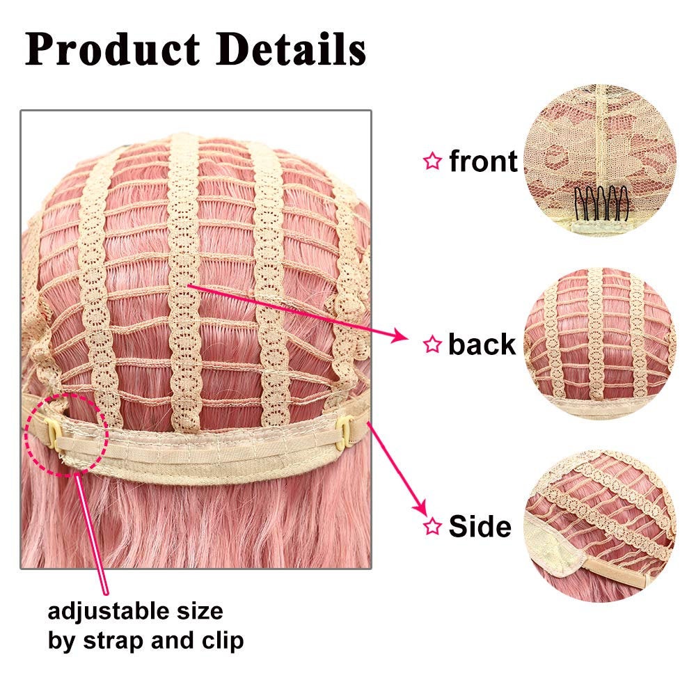 Realistic Rooted Pink Natural Waves 12" Wig with Frings / Bangs Heat Safe  | Trendy Wigs | Synthetic Top Quality | Human Hair Look / Feel