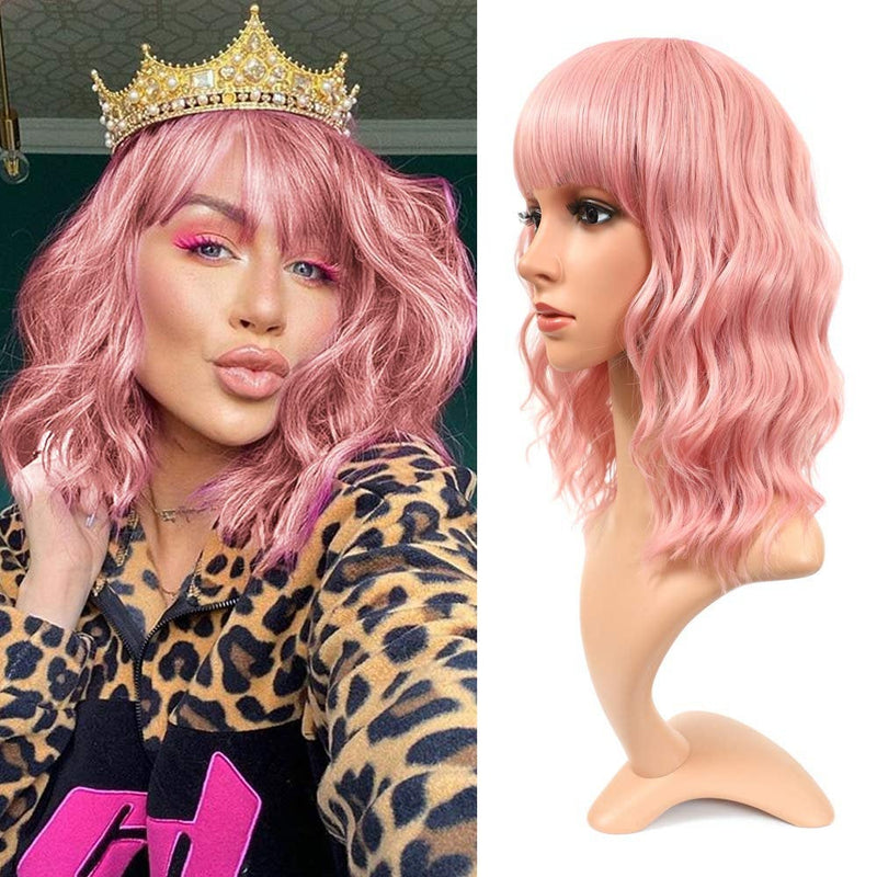 Realistic Rooted Pink Natural Waves 12" Wig with Frings / Bangs Heat Safe  | Trendy Wigs | Synthetic Top Quality | Human Hair Look / Feel