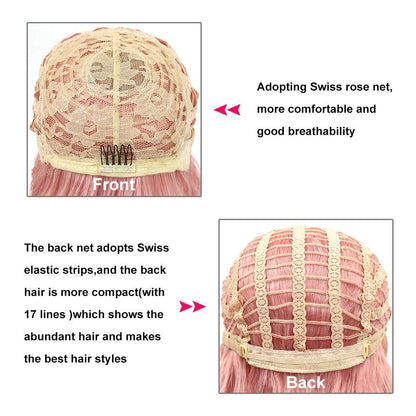 Realistic Rooted Pink Natural Waves 12" Wig with Frings / Bangs Heat Safe  | Trendy Wigs | Synthetic Top Quality | Human Hair Look / Feel