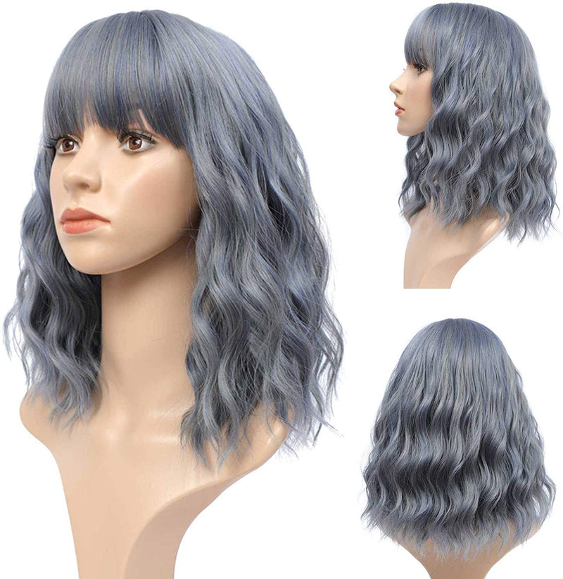Gray Blue 14” Long Wavy Wig with Bangs | Natural Looking | Premium Heat Resistant Synthetic Fiber | Perfect for Cosplay, Party or Daily Wear