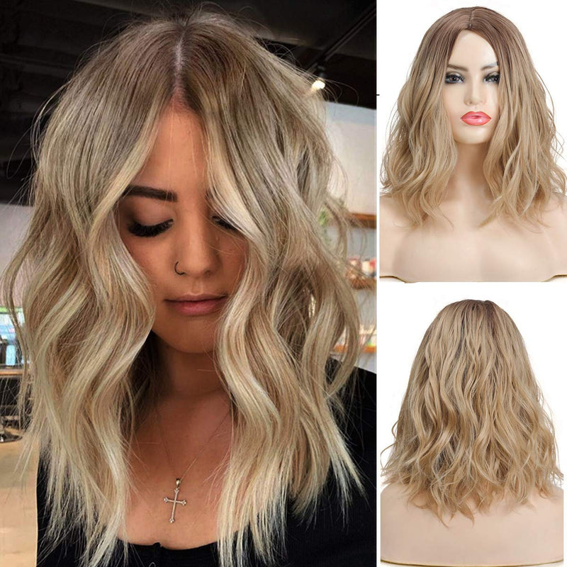 Ombre Light Brown to Golden Blonde 14" Natural Wavy Flowing Synthetic Heat Resistant Full Wig with Curtain Bangs Effect Free Shipping