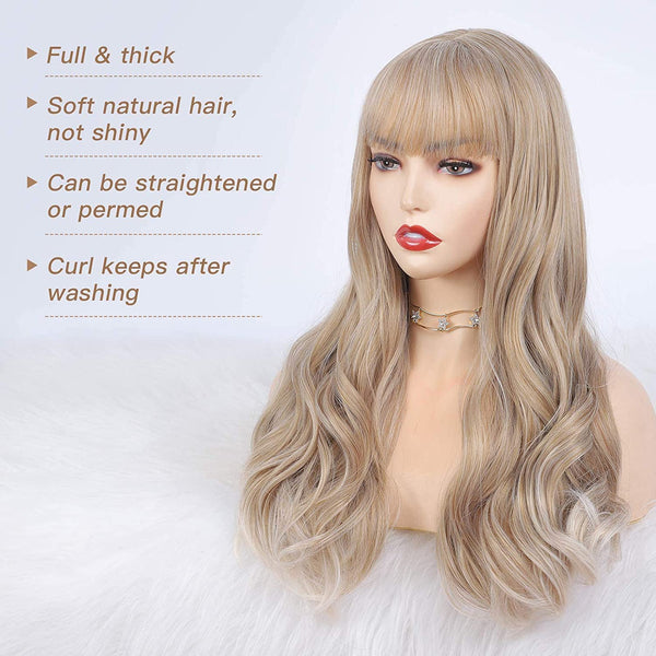 Glamorous Ash Blonde Wig Air Bangs 24” Mixed Color Long Wavy Synthetic Hair Unit Natural Wave Ombre Blonde with Full Bangs Human Hair Feel