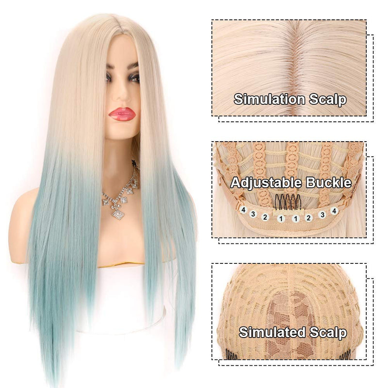 Ice Blue Ombre Linen to Light Pastel Blue Straight Middle Parting Synthetic Wig Perfect Compliment to Any Mermaid Princes Role Play Costume