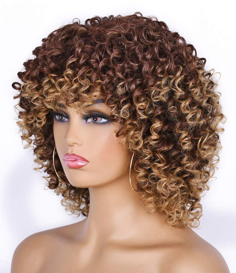 Ombre Brown Short Kinky Synthetic Afro Heat Resistant Full Curly Wig with Bangs | Wig Cap Included | Free Shipping Today