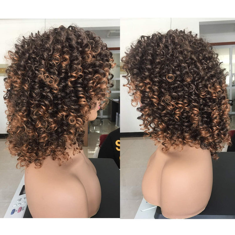 Ombre Brown Short Kinky Synthetic Afro Heat Resistant Full Curly Wig with Bangs | Wig Cap Included | Free Shipping Today