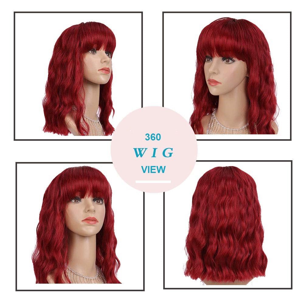 Wine Red Shoulder Length 14" Synthetic Replacement Wig with Curtain Bangs | Top Quality Heat Resistant | Natural Looking Human Hair Feel