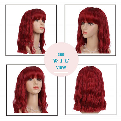 Wine Red Shoulder Length 14" Synthetic Replacement Wig with Curtain Bangs | Top Quality Heat Resistant | Natural Looking Human Hair Feel