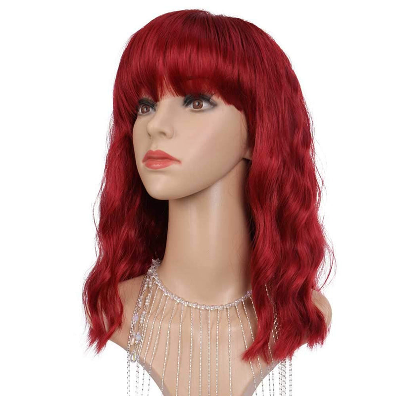 Wine Red Shoulder Length 14" Synthetic Replacement Wig with Curtain Bangs | Top Quality Heat Resistant | Natural Looking Human Hair Feel