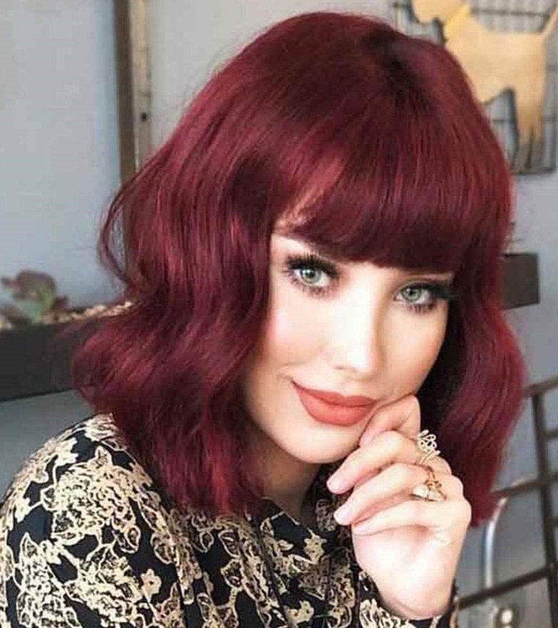 Wine Red Shoulder Length 14" Synthetic Replacement Wig with Curtain Bangs | Top Quality Heat Resistant | Natural Looking Human Hair Feel