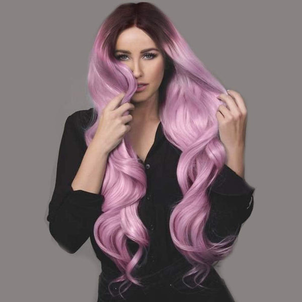 Ombre Black to Pastel Petal Pink Straight Middle Parting Lace Wig Synthetic Hair Natural looking and soft to touch Free Shipping Included