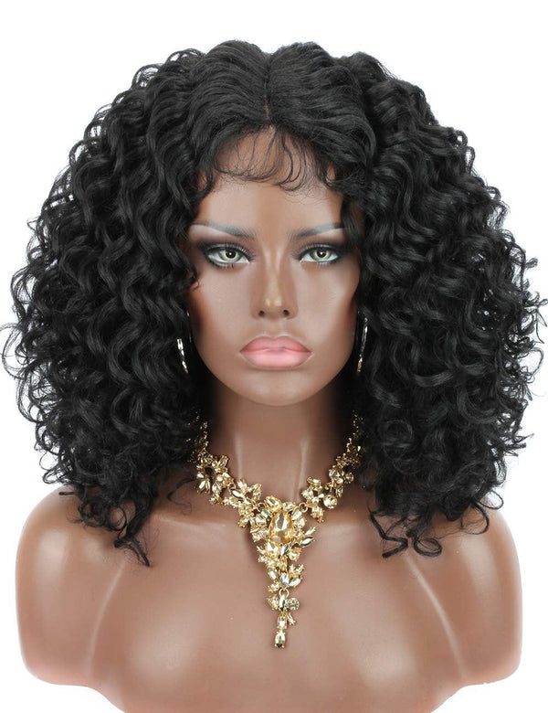 Hand-Made Black Deep Curly Synthetic Short Afro Kinky Curly Lace Wig Bouncy and Full Curls 150% Density Deep Lace Middle Parting Fluffy 8"