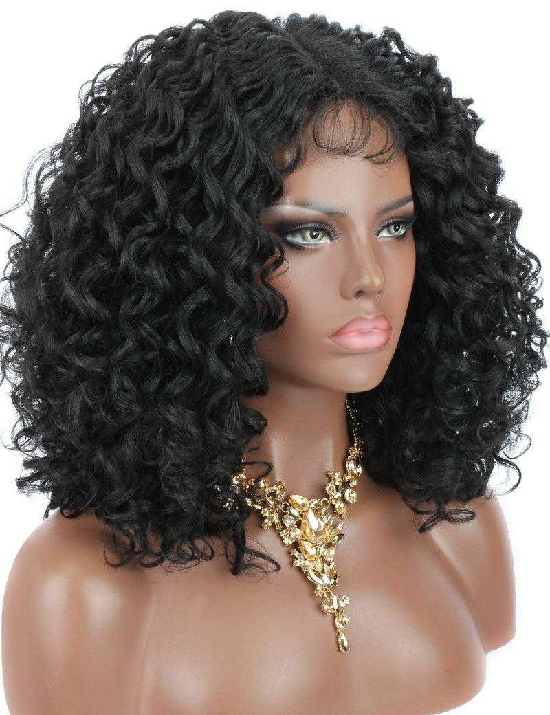 Hand-Made Black Deep Curly Synthetic Short Afro Kinky Curly Lace Wig Bouncy and Full Curls 150% Density Deep Lace Middle Parting Fluffy 8"