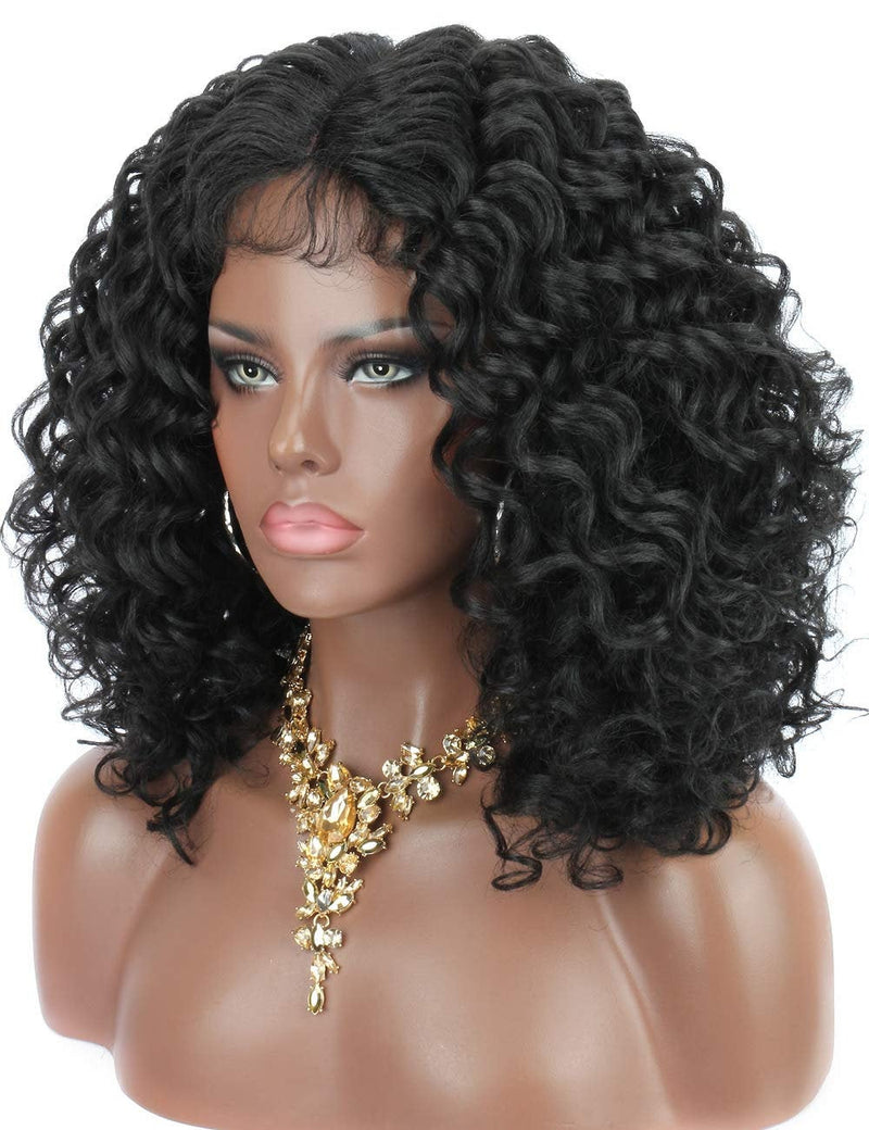 Hand-Made Black Deep Curly Synthetic Short Afro Kinky Curly Lace Wig Bouncy and Full Curls 150% Density Deep Lace Middle Parting Fluffy 8"