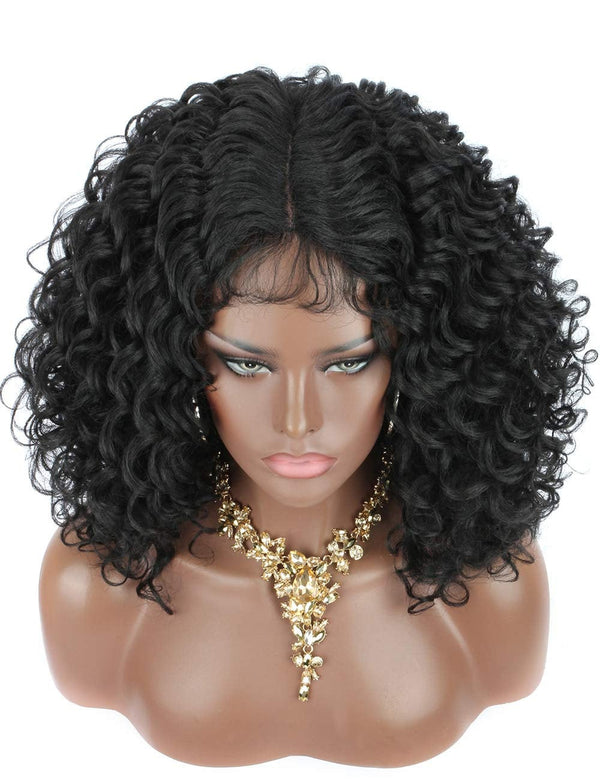 Hand-Made Black Deep Curly Synthetic Short Afro Kinky Curly Lace Wig Bouncy and Full Curls 150% Density Deep Lace Middle Parting Fluffy 8"