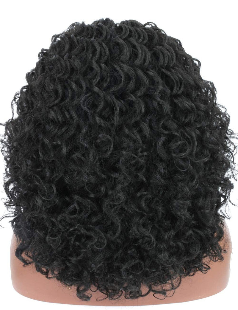 Hand-Made Black Deep Curly Synthetic Short Afro Kinky Curly Lace Wig Bouncy and Full Curls 150% Density Deep Lace Middle Parting Fluffy 8"