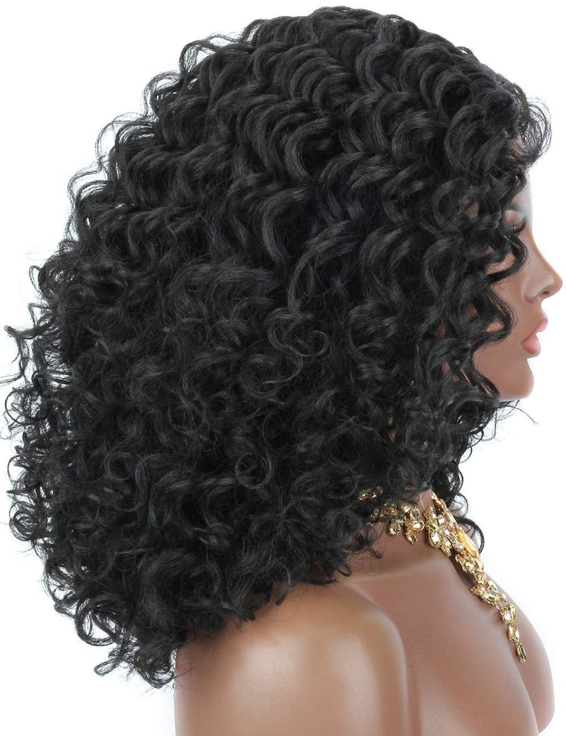 Hand-Made Black Deep Curly Synthetic Short Afro Kinky Curly Lace Wig Bouncy and Full Curls 150% Density Deep Lace Middle Parting Fluffy 8"
