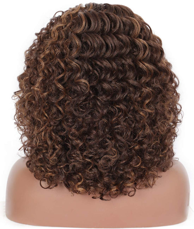Hand-Made Softly Highlighted Dark Brown Deep Lace Curly Synthetic  Kinky Wig Bouncy and Full Curls 150% Density Middle Parting Fluffy 8"