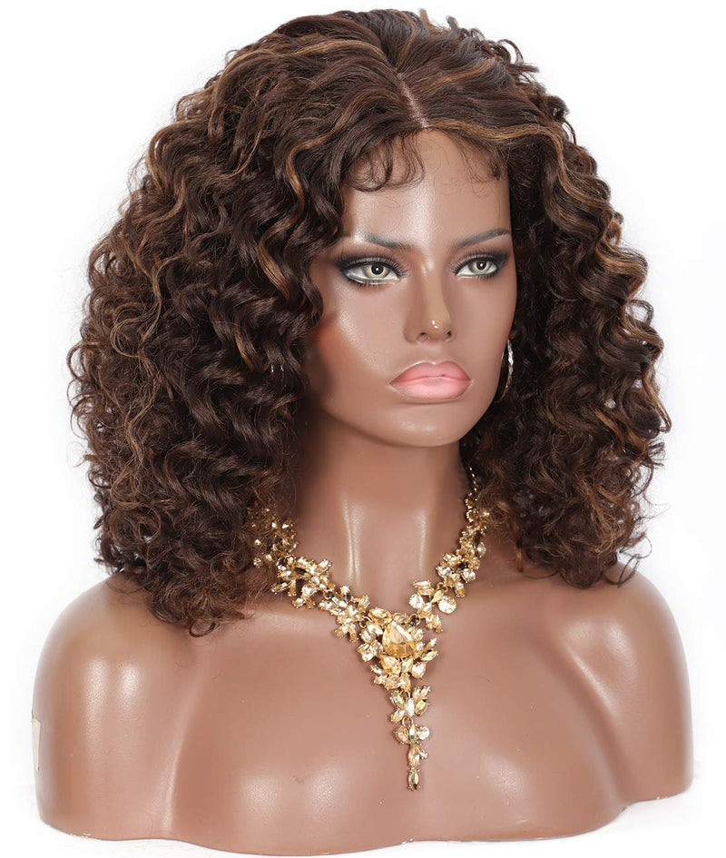 Hand-Made Softly Highlighted Dark Brown Deep Lace Curly Synthetic  Kinky Wig Bouncy and Full Curls 150% Density Middle Parting Fluffy 8"