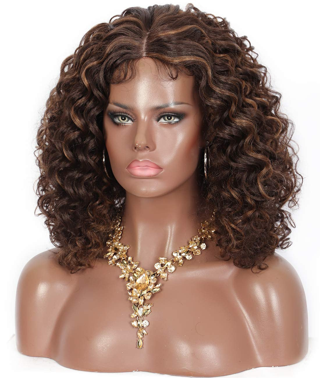 Hand-Made Softly Highlighted Dark Brown Deep Lace Curly Synthetic  Kinky Wig Bouncy and Full Curls 150% Density Middle Parting Fluffy 8"