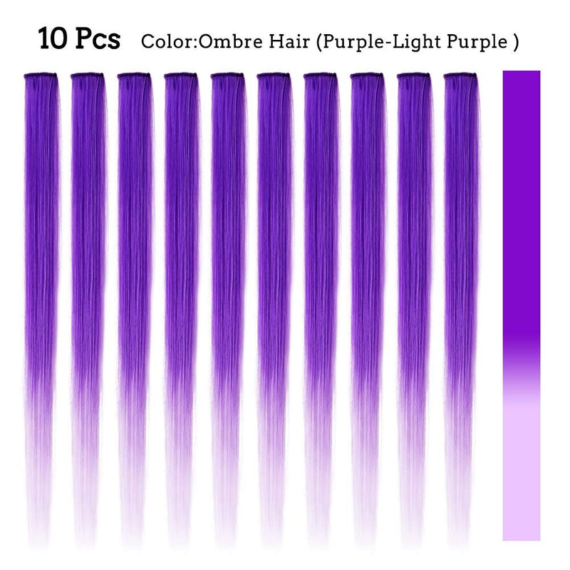 Ombre Purple Clip in Hair Extensions Set of 10 - 20" Party Highlights Synthetic Multiple Color Hairpieces Purple to Light Purple Lavender