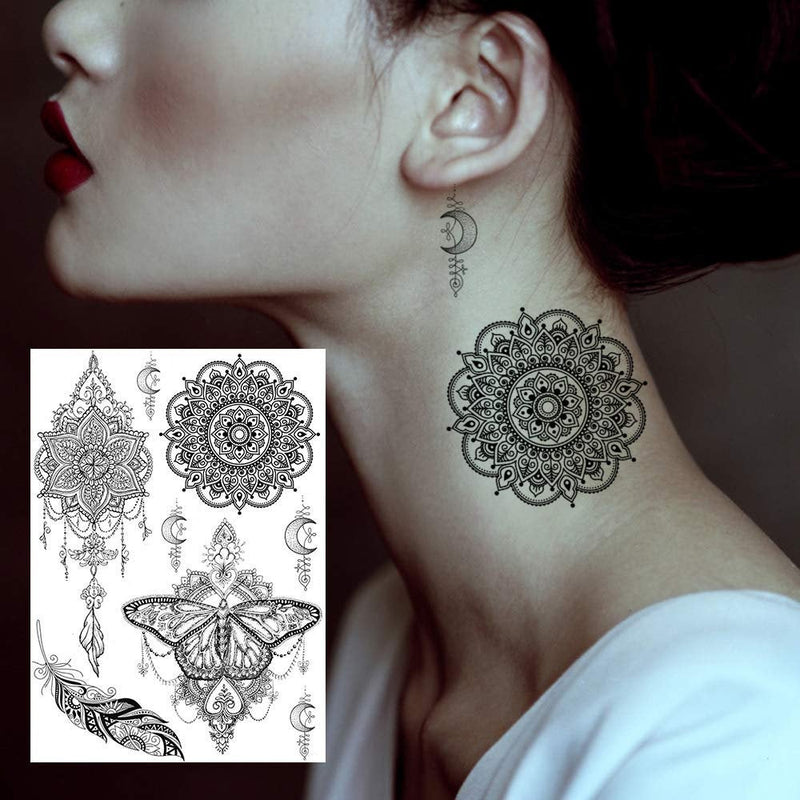 6 Sheets Black Henna Temporary Tattoos For Women Lace Mehndi Mandala Flower Large Waterproof Lotus Butterfly Tattoos  Dreamcatcher Feather