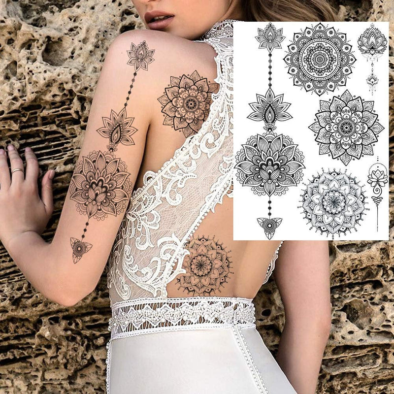 6 Sheets Black Henna Temporary Tattoos For Women Lace Mehndi Mandala Flower Large Waterproof Lotus Butterfly Tattoos  Dreamcatcher Feather