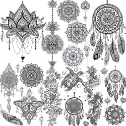 6 Sheets Black Henna Temporary Tattoos For Women Lace Mehndi Mandala Flower Large Waterproof Lotus Butterfly Tattoos  Dreamcatcher Feather