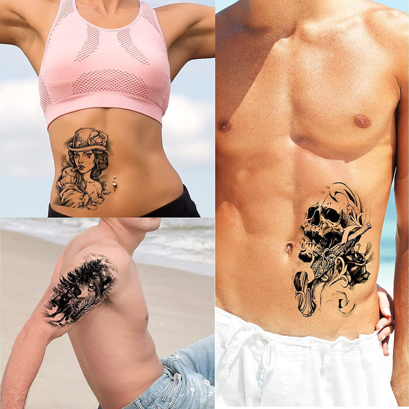 62 Sheets PREMIUM QUALITY Black Temporary Tattoos 10 Sheets Large Fake Body Arm Chest Shoulder Tattoos with 52 Sheets of Smaller Tattoo