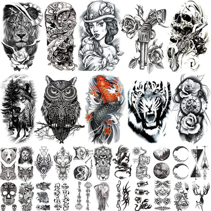 62 Sheets PREMIUM QUALITY Black Temporary Tattoos 10 Sheets Large Fake Body Arm Chest Shoulder Tattoos with 52 Sheets of Smaller Tattoo