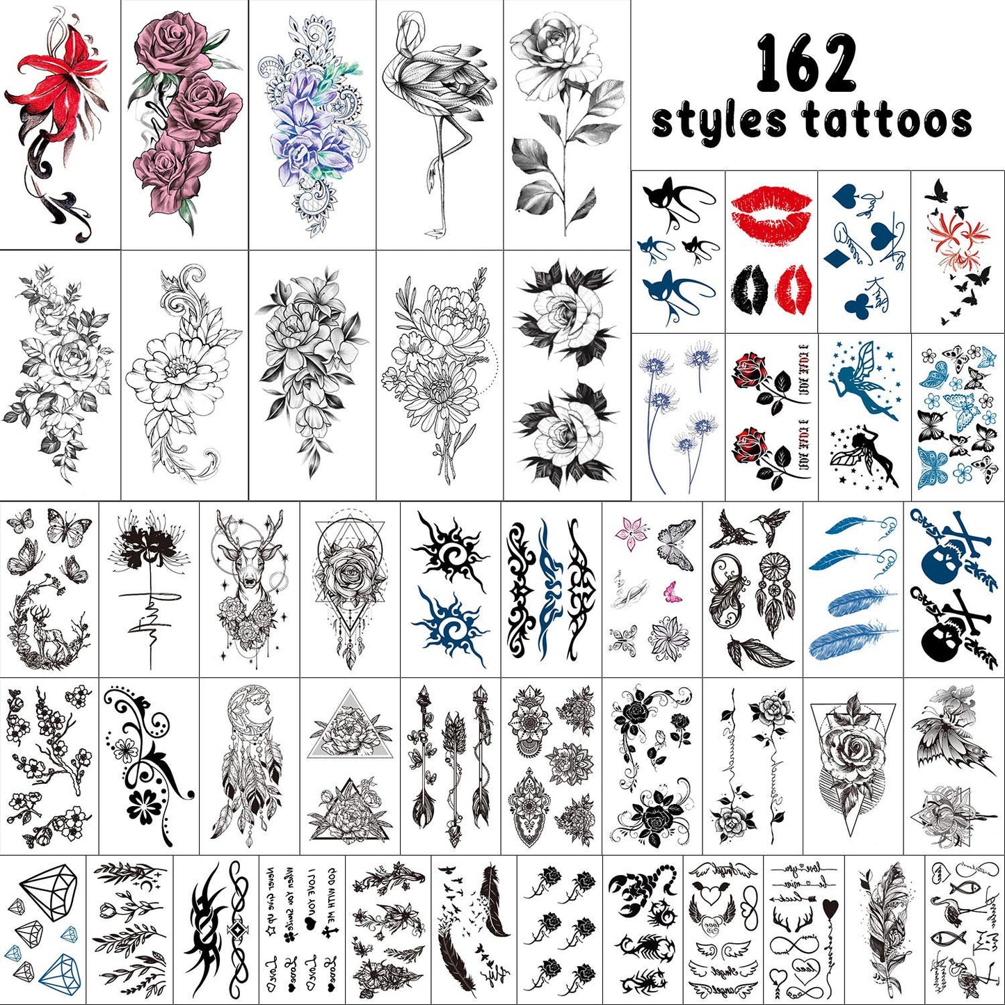 162 Styles Temporary Tattoos Fake Sleeve Henna Tattoo Stickers Leg Makeup Waterproof Realistic Long Lasting Semi Permanent Tattoos 50 sheets