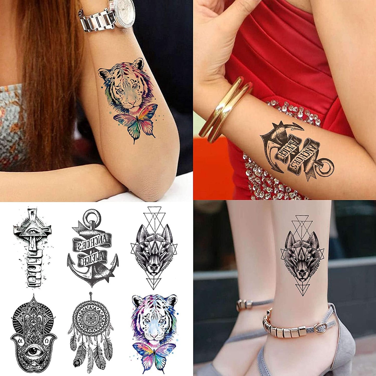 Collection of Armband Tiger Skull Temporary Tattoos Watercolor Star Planet Butterfly Flowers Fake Arm Face Hand Finger Neck Tattoo Stickers