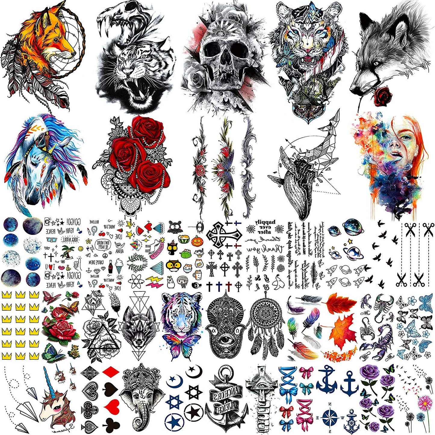 Collection of Armband Tiger Skull Temporary Tattoos Watercolor Star Planet Butterfly Flowers Fake Arm Face Hand Finger Neck Tattoo Stickers