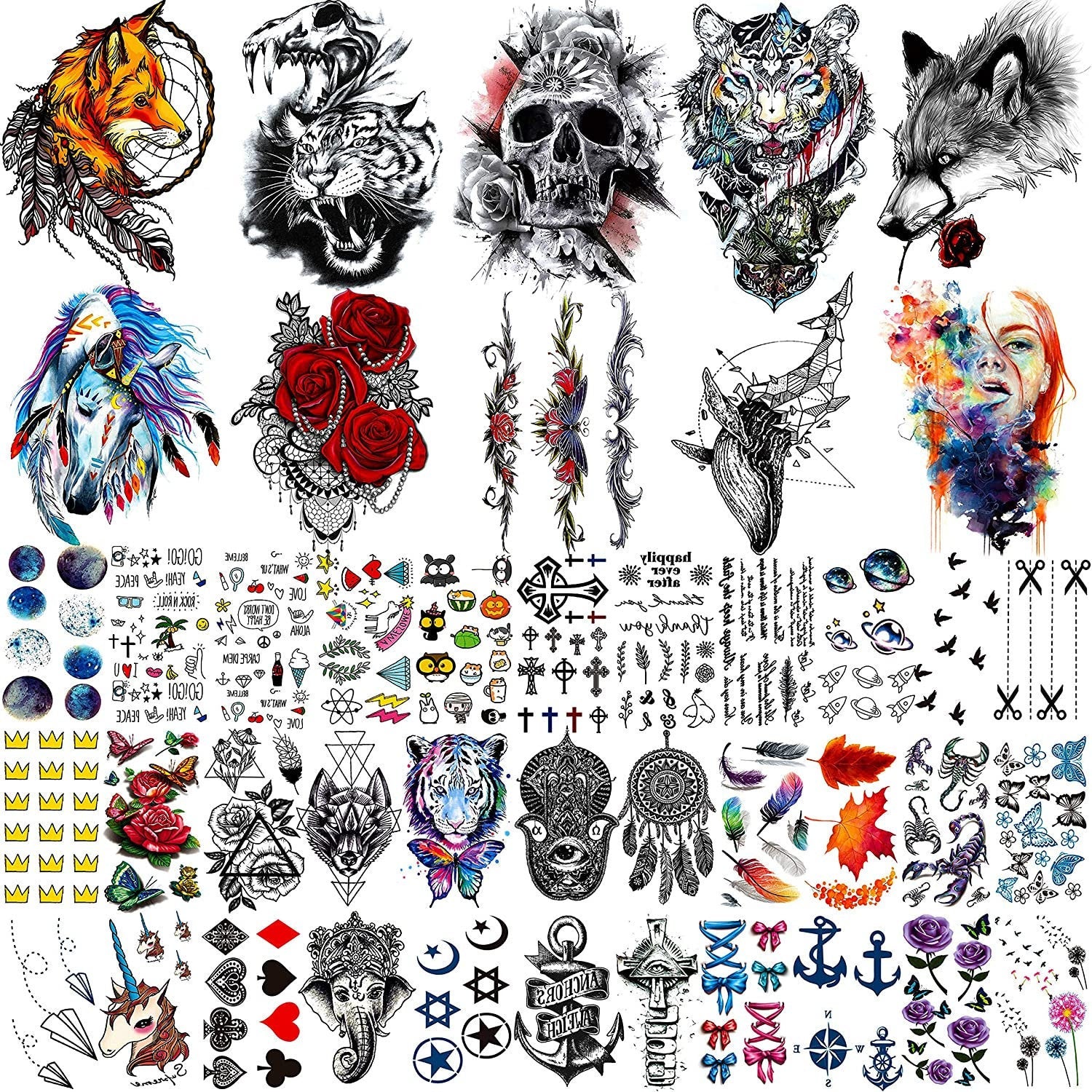 Collection of Armband Tiger Skull Temporary Tattoos Watercolor Star Planet Butterfly Flowers Fake Arm Face Hand Finger Neck Tattoo Stickers