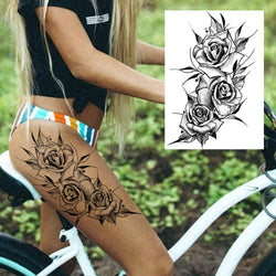 Flower Temporary Tattoos Black Ink Tribal Large Rose Tattoo Stickers Waterproof Legs Fake Tattoos Arm Moon Blossom Leaf Big Peony Flora