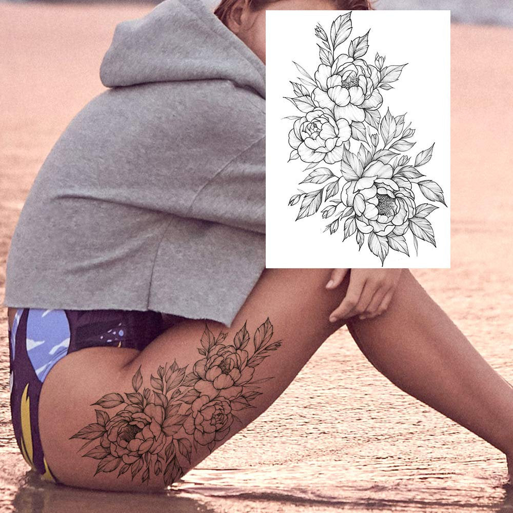 Flower Temporary Tattoos Black Ink Tribal Large Rose Tattoo Stickers Waterproof Legs Fake Tattoos Arm Moon Blossom Leaf Big Peony Flora