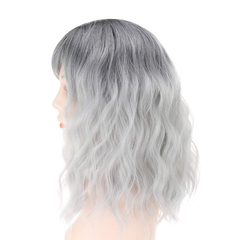 Gray Natural Looking Wavy Synthetic Bob Wig Shoulder Length With Bangs (T1b/gray) |  Premium Heat Resistant Fiber | Perfect for Daily Wear