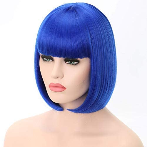 Dark Royal Blue | Straight Bob with Straight Bangs | Hand Dyed Synthetic 12" Wig | Easy To Wear | Quick Wig | Great Daily Wear or Cosplay