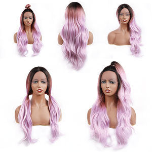 Ombre Purple Pink Lace Front Wig Long Body Wave Synthetic Middle Parting Replacement Full Wig 27 inch Pastel Pink Purple Gift for Her
