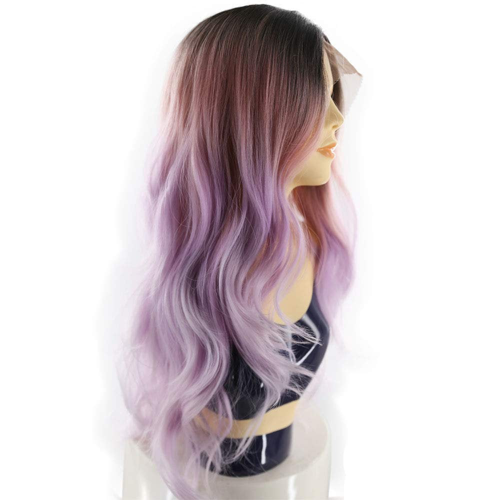 Ombre Purple Pink Lace Front Wig Long Body Wave Synthetic Middle Parting Replacement Full Wig 27 inch Pastel Pink Purple Gift for Her