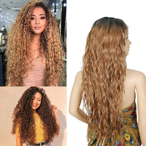 Lace Front Wig, Long Curly light Ombre Brown Blonde Wig, Natural Wave 150% Density Long Curly Heat Resistant Synthetic Wig 29"