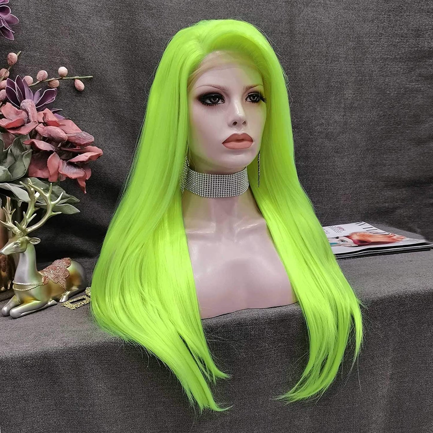Fluorescent Green | Synthetic Neon Lime | Glow in the Dark Cosplay Wavy  | Free Parting | Drag Stage Performer Neon | Fluorescent Wig