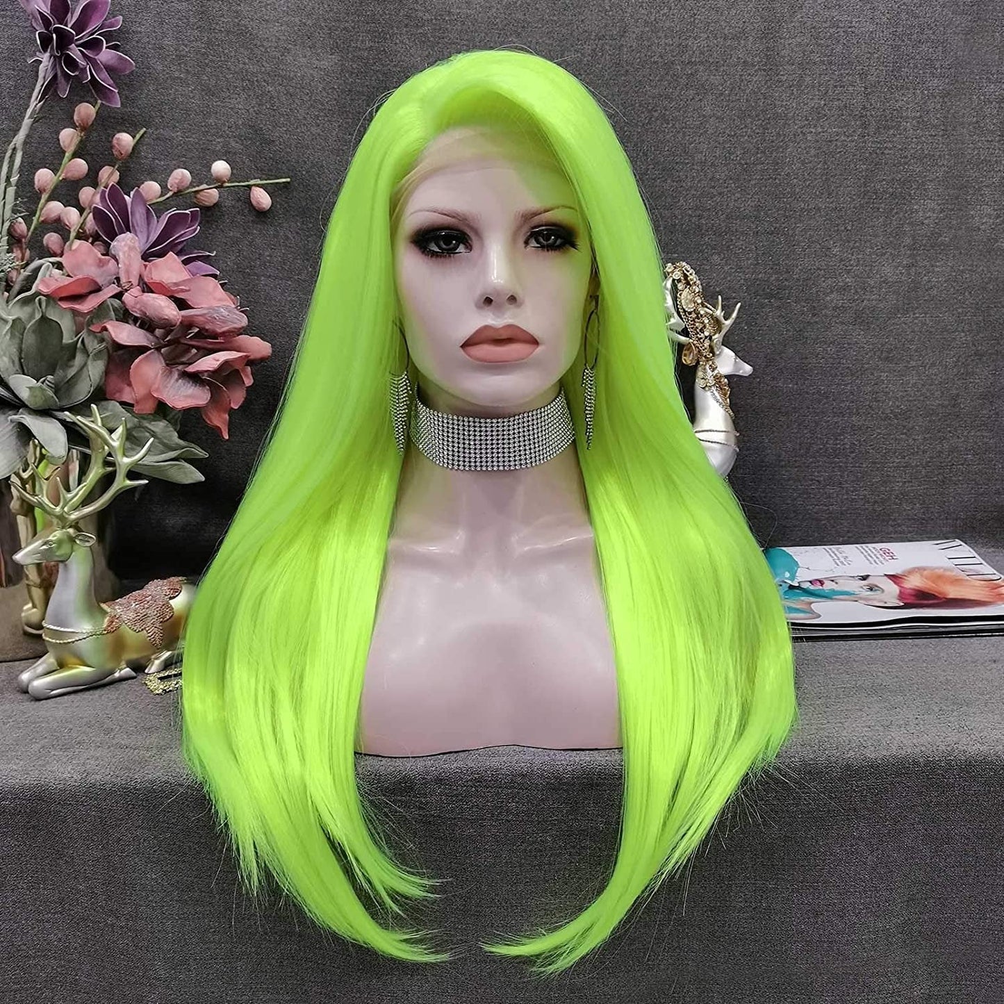 Fluorescent Green | Synthetic Neon Lime | Glow in the Dark Cosplay Wavy  | Free Parting | Drag Stage Performer Neon | Fluorescent Wig
