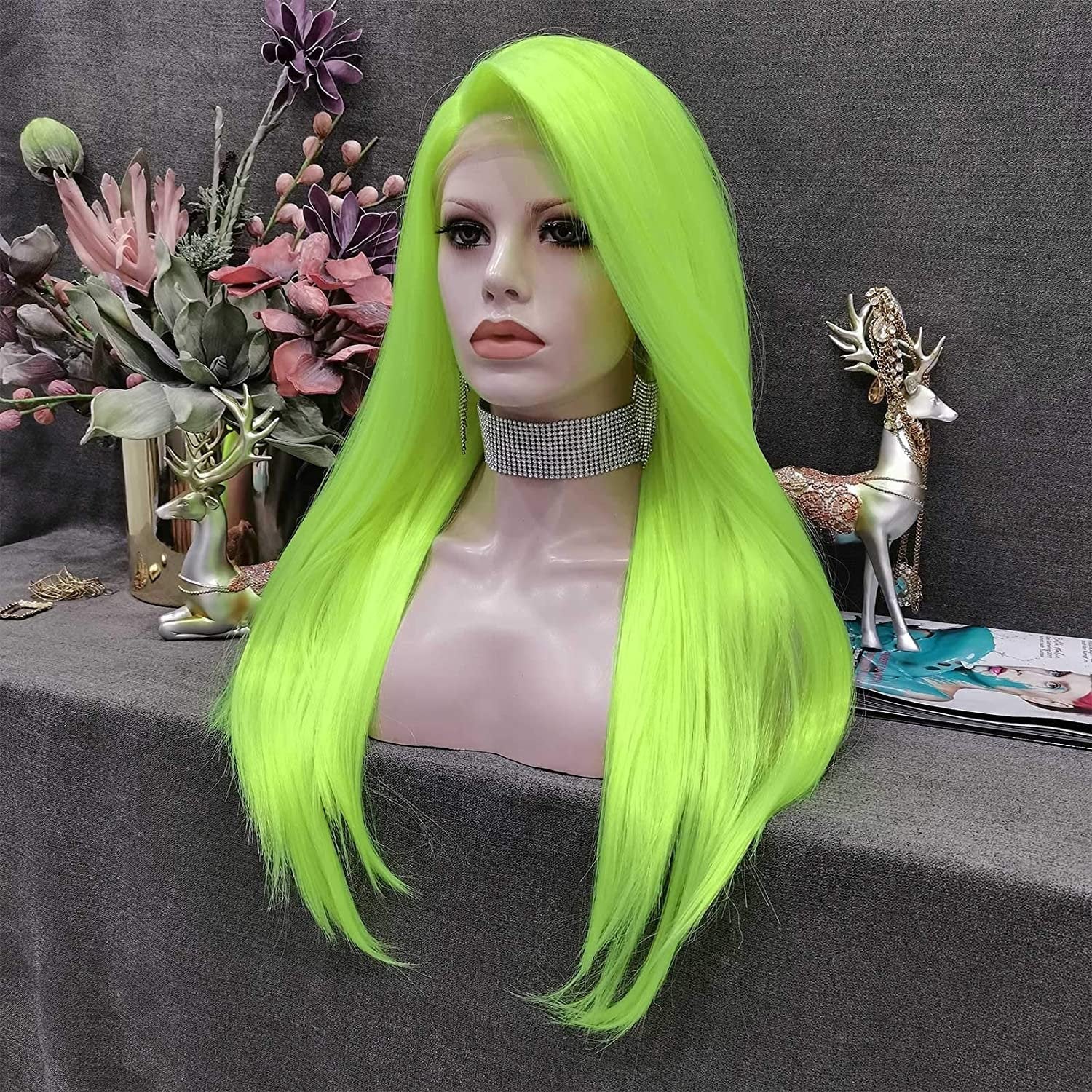Fluorescent Green | Synthetic Neon Lime | Glow in the Dark Cosplay Wavy  | Free Parting | Drag Stage Performer Neon | Fluorescent Wig