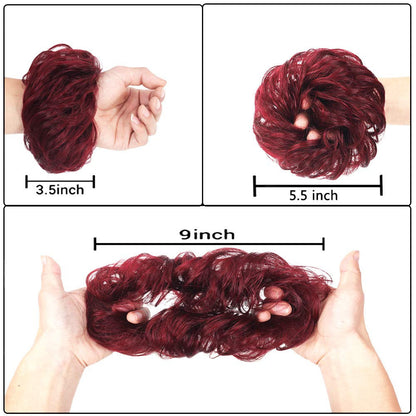 Messy Bun Thick 100% Human Hair Scrunchie | Messy Updo Bun | Wine Red 99j Burgundy | super fluffy Natural Texture | cat ear buns need 2