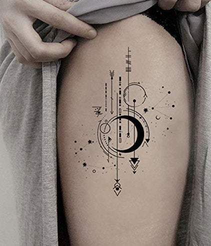 Waterproof Temporary Fake Tattoo Moon Planet Celestial Design Stickers Classic Planet Arrow Geometric Large Set of 2 Size: 4.33" x 5.91"