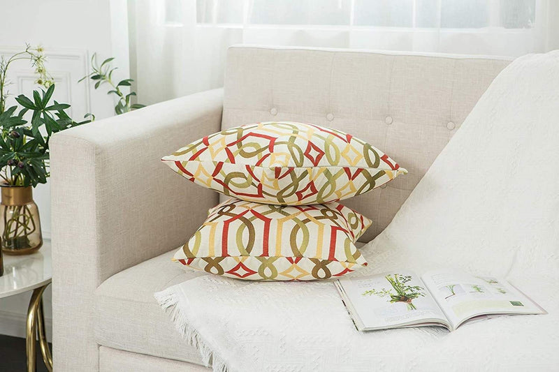 Red jacquard geometric link accent decorative throw pillow covers multicolor 18x18 cotton linen home office sofa couch decor