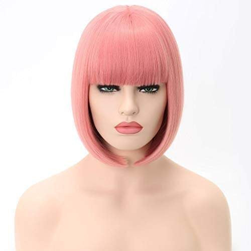 Trendy soft dark rose petal pink straight bob with straight bangs hand dyed synthetic 12" wig