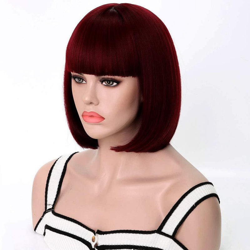 Dark red red wine | straight bob with straight bangs | hand dyed synthetic 12" wig | easy to wear | quick wig | great daily wear or cosplay